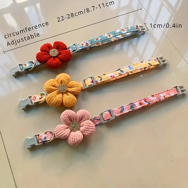 2Pcs Soft Adjustable Polyester Floral Dog Collar with 3D Flower Charm and Detachable Bells | Suitable for Small Dogs and Cats, Pink-White Floral Pattern, Cute Pet Accessory