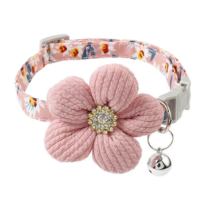 2Pcs Soft Adjustable Polyester Floral Dog Collar with 3D Flower Charm and Detachable Bells | Suitable for Small Dogs and Cats, Pink-White Floral Pattern, Cute Pet Accessory
