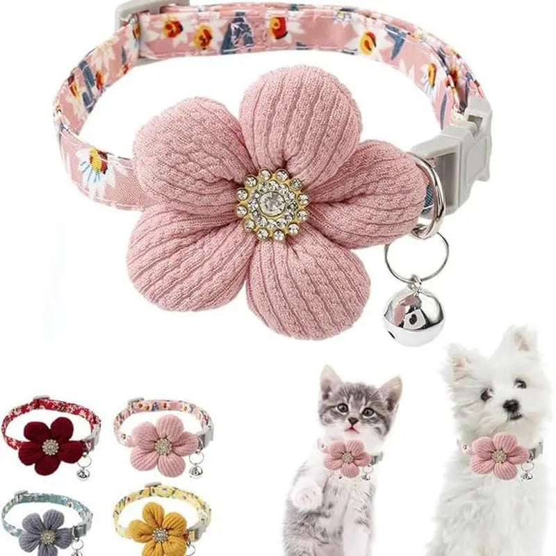 2Pcs Soft Adjustable Polyester Floral Dog Collar with 3D Flower Charm and Detachable Bells | Suitable for Small Dogs and Cats, Pink-White Floral Pattern, Cute Pet Accessory