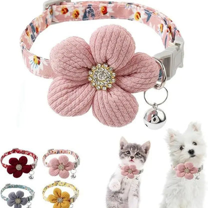 2Pcs Soft Adjustable Polyester Floral Dog Collar with 3D Flower Charm and Detachable Bells | Suitable for Small Dogs and Cats, Pink-White Floral Pattern, Cute Pet Accessory